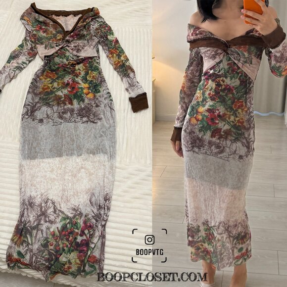 jean paul gaultier 90s runway Devon Aoki mesh long sleeve floral dress - Picture 1 of 13